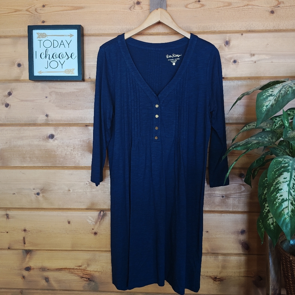 Lilly Pulitzer Amberly Dress True Navy Gold Henley Swingy Casual Pintuck Size L